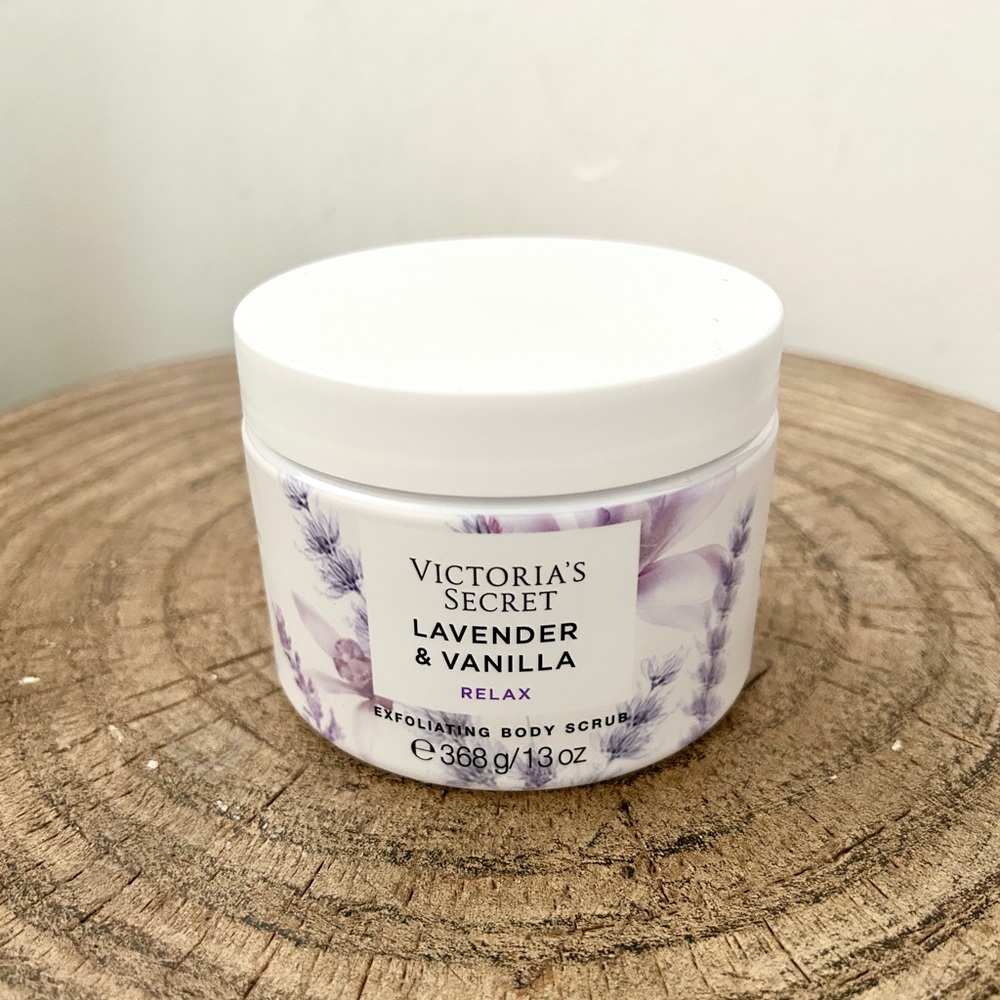 Victoria's Secret Lavender & Vanilla Relax body scrub.